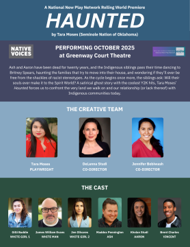 A promotional poster for the play "Haunted" features cast and crew headshots, their names and roles, show dates (October 2025), and a synopsis about Indigenous siblings navigating trauma and identity.