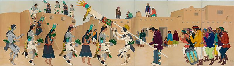 A vibrant mural depicts a Native American ceremonial dance in a pueblo plaza. Dancers in traditional attire perform, surrounded by villagers in colorful clothing, while adobe buildings form the backdrop.