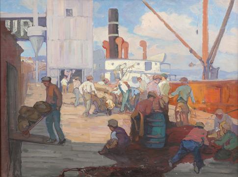 A busy dock scene with workers unloading sacks and barrels from a steamship. Men bend and lift cargo under a bright sky, with cranes and industrial buildings in the background.