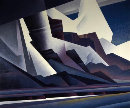 Abstract painting with sharp geometric shapes and angular lines in shades of blue, purple, and white, suggesting a futuristic cityscape or mountainous landscape under a dark sky.
