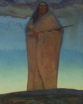 A tall figure wrapped in a tan cloak holds a long stick or staff, standing against a dramatic sky with blue and purple tones. The figure’s expression is solemn, and the background fades from dark clouds to a lighter horizon.