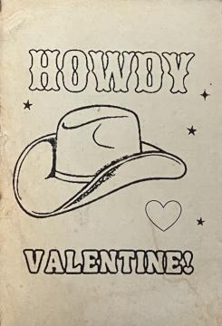 A drawing of a cowboy hat surrounded by small stars and a heart, with the words "Howdy Valentine!" written in bold, western-style letters above and below the hat.