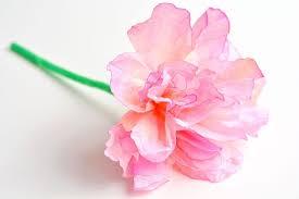 A close-up of a delicate, pink paper flower with a green stem, displayed against a white background.