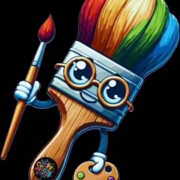 A cartoon paintbrush with rainbow bristles, big eyes, and round glasses, holding a paint palette and a brush. The brush has a smiling face and a sticker on its handle that says "Stick." The background is black.