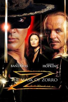 A movie poster for "The Mask of Zorro" shows a masked man in a hat, a woman in black, and an older man. The names Antonio Banderas and Anthony Hopkins appear above the title with a gold "Z" slash.
