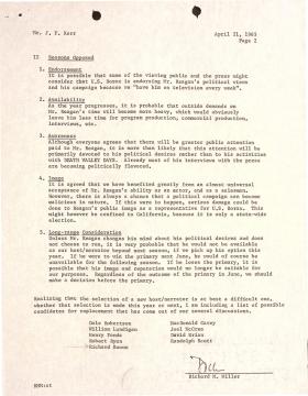 A typed letter dated April 21, 1965, discussing reasons against endorsing Ronald Reagan's political views, including concerns about endorsement, availability, awareness, and long-range considerations for public TV appearances.