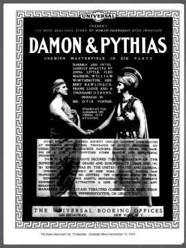 Black and white poster for “Damon & Pythias,” a Universal film. Features two men in ancient attire, film details, and a central block of descriptive text. Universal Booking Offices address is listed at the bottom.