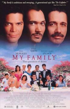 Movie poster for "My Family" featuring three men’s faces at the top and a large group of people celebrating at a decorated outdoor table below. Text reads: “My Family: Three generations of dreams.”.