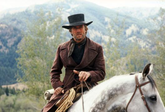 A cowboy in a dark coat and hat sits on a white horse, with mountains and trees in the background.