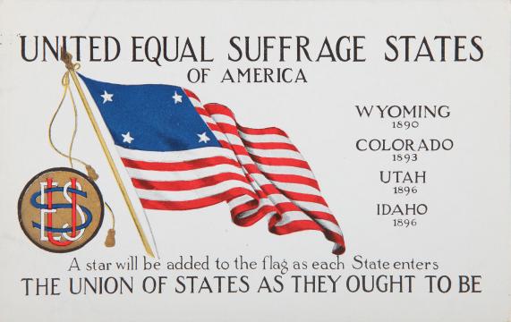 postcard with american flag with four stars for Wyoming, Colorado, Utah, Idaho