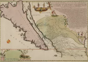 colored map of an island on the left in pink, separated from land on the right in green