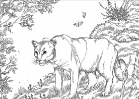 black and white line art of a mountain lion surrounded by foliage