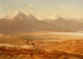 painting of western landscape with snow capped mountains surrounding a valley