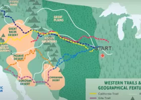 map of the US with colorful dotted lines outlining trails to the west