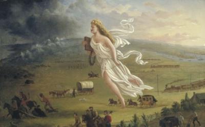 female figure floating above landscape