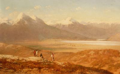 painting of western landscape with snow capped mountains surrounding a valley