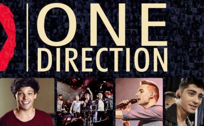 Collage featuring "1D" and "One Direction" in large text, with individual photos of the five band members, and a group concert photo, all set against a dark background with faint images.