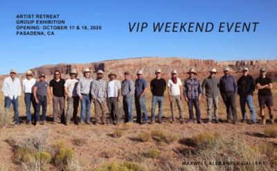 A group of about 20 people stands side by side outdoors with rocky cliffs in the background. Text above announces an artist retreat group exhibition in Pasadena, CA on October 17 & 18, 2025, and mentions a VIP weekend event.