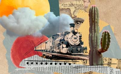 A collage featuring a vintage train, a cactus, a large sun with clouds, a red circle, old newspaper clippings, and an illustration of an eye, all layered over a textured beige background.
