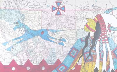 A colorful illustration of a Native American figure in traditional regalia and a blue horse are layered over a vintage map of the western United States, with a large geometric cross symbol at the top center.