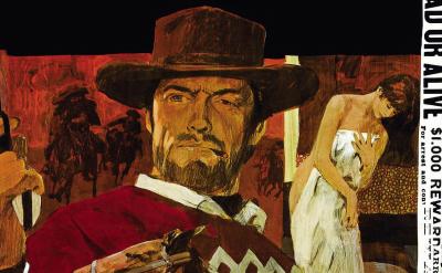 A painted Western movie scene shows a stern cowboy in a poncho holding a gun, surrounded by a man in a hat, a woman in a white dress, and another man in a suit by a “Wanted: Dead or Alive” poster.