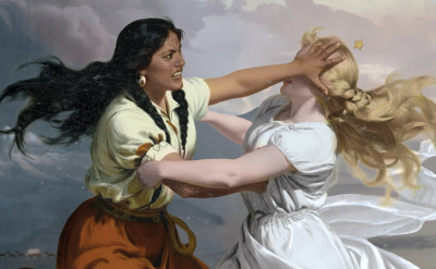 Two women are fighting outdoors; one with dark hair in braids and a yellow blouse grabs the other, a blonde woman in a white dress, by the face against a backdrop of mountains and cloudy sky.