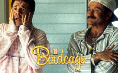 Two men stand side by side; one looks shocked with hands on his cheeks, while the other, in a striped shirt and white cap, smiles confidently. The title “The Birdcage” appears in bright yellow letters.
