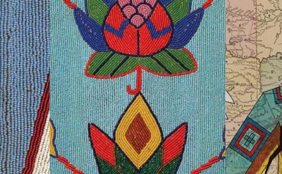 Three panels featuring Native American art: beaded figures on the left, a colorful beaded floral pattern in the center, and two people in traditional attire with a white horse on a map background on the right.