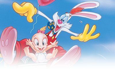 A cartoon rabbit and a laughing baby joyfully ride in a baby carriage, with the rabbit holding a red balloon against a blue sky background.