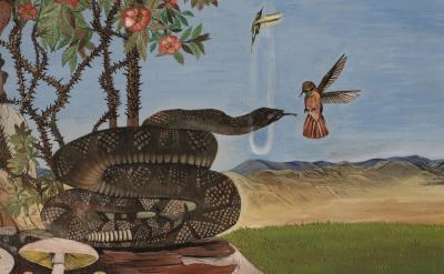 a painting of a snake and two birds