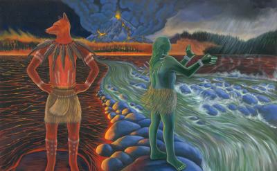 painting of a frog woman and a coyote man