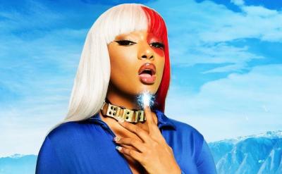 Megan Thee Stallion cosplaying Todoroki Shouto from the anime My Hero Academia