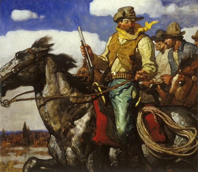 a painting of a group of cowboys on horseback
