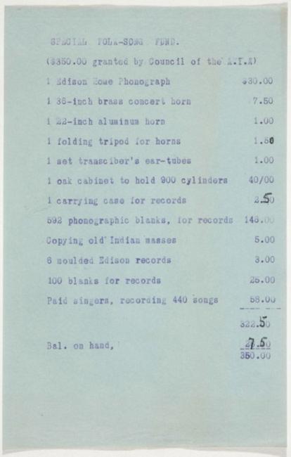 type written sheet of blue paper items with costs