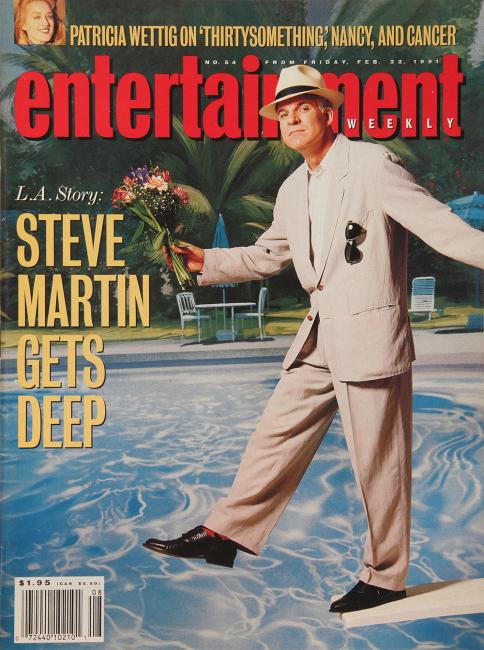 magazine cover of man dressed in suit stepping of a diving board into a pool