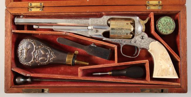 a n open case with a revolver and accessories