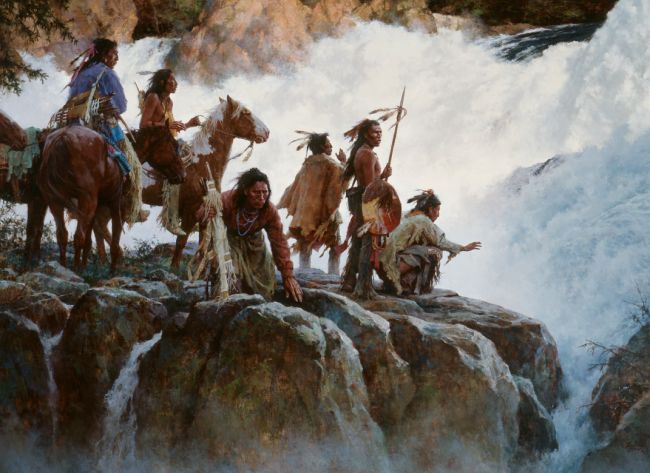 Painting of Native Americans with horses on rushing waterfall