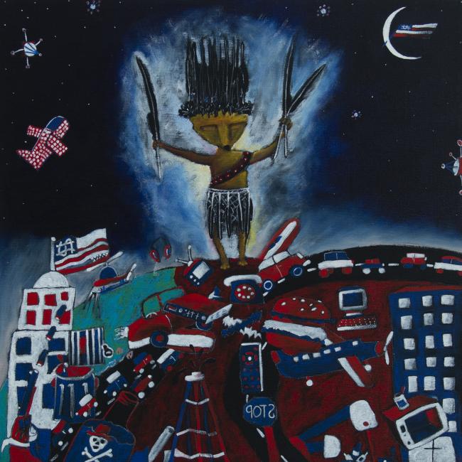 a painting of a human-like coyote dressed in ceremonial regalia