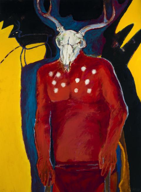 a painting of a man wearing a deer-head skull