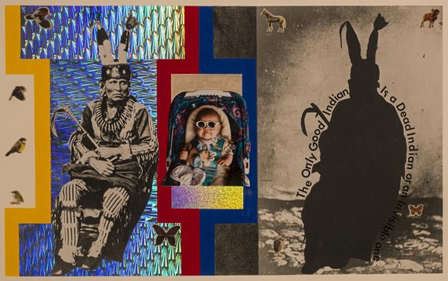 a collage of a newborn wearing sunglasses and a Native American in ceremonial dress