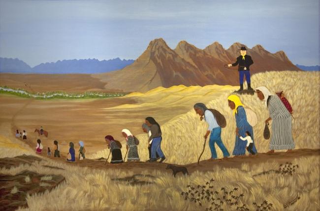 a painting of a top-hatted man ordering a procession of native americans