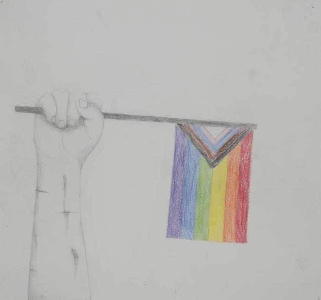 a hand holding a gay pride flag