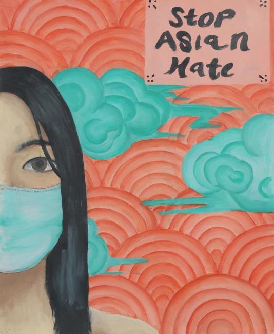 a drawing of a masked woman with the words stop asian hate