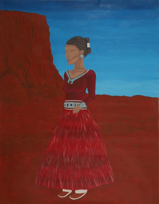 a woman with a red thatched skirt