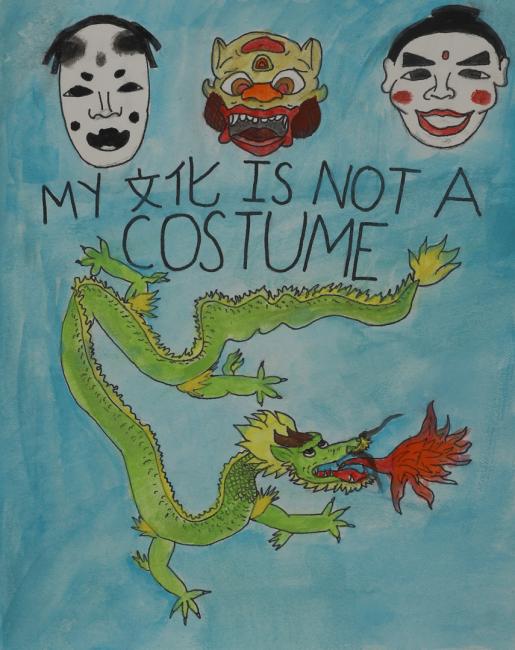 a poster protesting the use of another's culture as a costume, a dragon and three faces