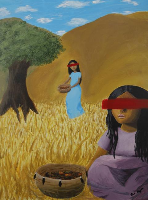two blindfolded women picking fruit in a field