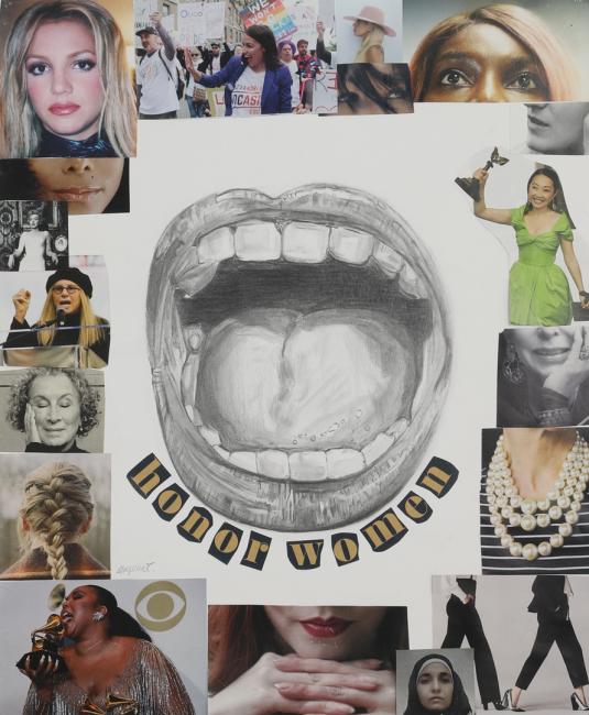 a collage of women around a drawn mouth