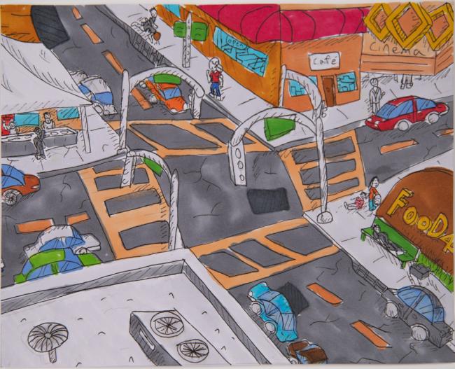 painting on paper of street intersection scene