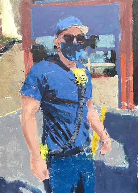 a painting of a man in blue with sunglasses, a mask, and a baseball hat