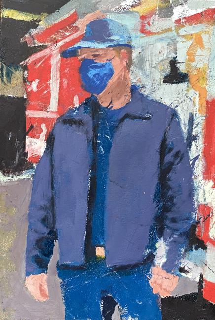 a painting of a warehouse worker wearing a mask and a baseball hat
